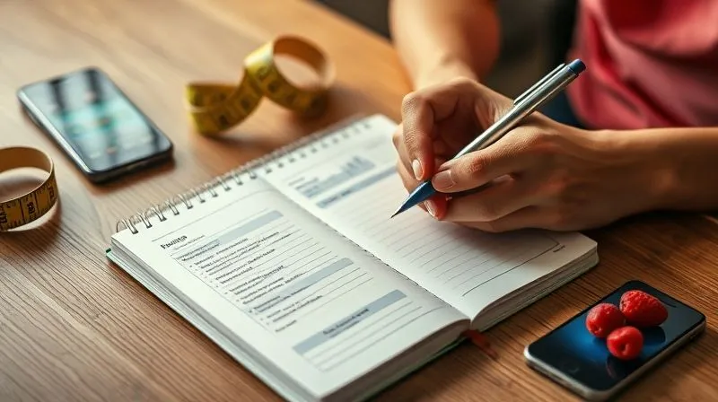 A photorealistic, professional photography, 8K, cinematic lighting, sharp focus, depth of field, shot on a high-end DSLR, showing a person's hand holding a pen, making notes in a neatly organized fitness journal. On the table, there's a measuring tape, a smartphone displaying a progress tracking app, and a small, healthy snack (perhaps a few berries). The scene should convey dedication, mindfulness, and the act of self-monitoring in a supportive, encouraging way.