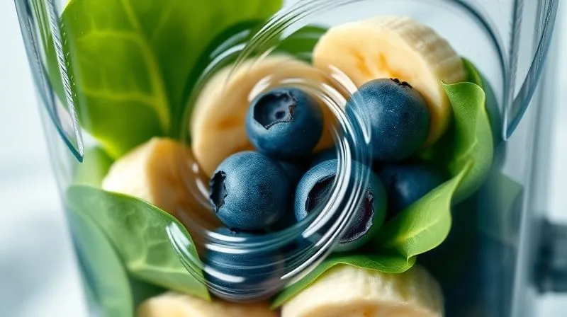 A close-up, photorealistic shot of a high-speed blender filled with fresh, vibrant ingredients: spinach leaves, banana slices, blueberries, and a knob of fresh ginger, mid-blend, with liquid swirling and creating dynamic motion. The colors are rich and natural. Professional photography, 8K, cinematic lighting, sharp focus.