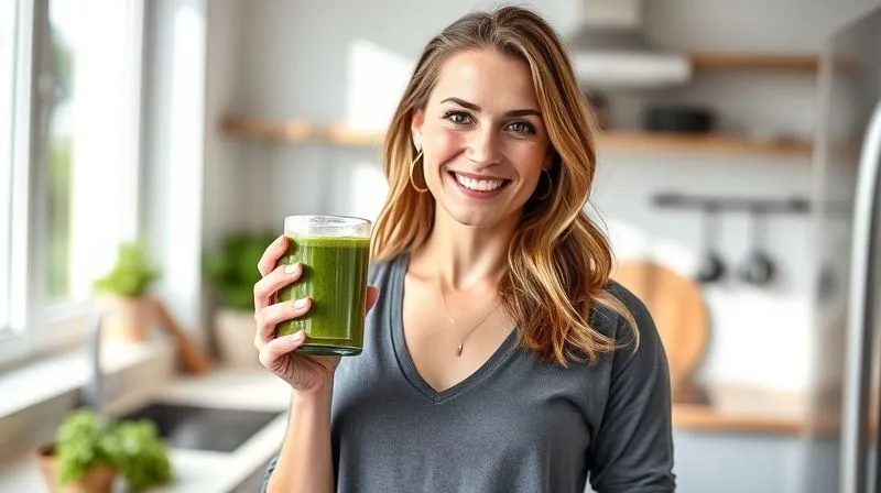 A photorealistic image of a woman in her early 30s, with a radiant smile and glowing skin, confidently holding a vibrant green smoothie in a stylish glass. She is standing in a bright, modern kitchen with natural light streaming in, conveying a sense of health, vitality, and achievement. Professional photography, 8K, cinematic lighting, sharp focus, depth of field.