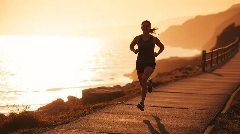 A photorealistic shot of a person running joyfully on a scenic coastal path at sunrise, with the ocean sparkling in the background. The runner is silhouetted against the warm, golden light, conveying a sense of freedom, energy, and well-being. Professional photography, 8K, cinematic lighting, sharp focus, depth of field.