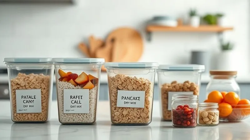 Photorealistic, professional photography, 8K, cinematic lighting, sharp focus, depth of field, shot on a high-end DSLR. A meticulously organized kitchen countertop with neatly labeled meal prep containers filled with pre-portioned oat pancake dry mix, sliced fresh fruits, and small jars of healthy toppings. The background shows a clean, modern kitchen, evoking efficiency and health. The light is soft and inviting, highlighting the freshness of the ingredients.