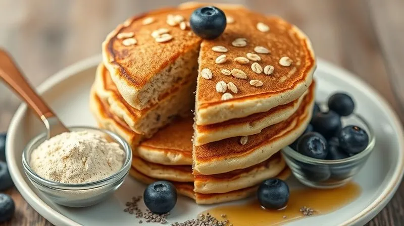 Photorealistic, professional photography, 8K, cinematic lighting, sharp focus, depth of field, shot on a high-end DSLR. A close-up shot of a perfectly balanced oat pancake stack. One pancake is cut to reveal its texture. On the side, small bowls contain individual ingredients: a scoop of protein powder, fresh blueberries, a sprinkle of chia seeds, and a tiny drizzle of honey, all arranged artfully to highlight their nutritional value. The focus is on the rich textures and appealing colors, emphasizing healthy components.