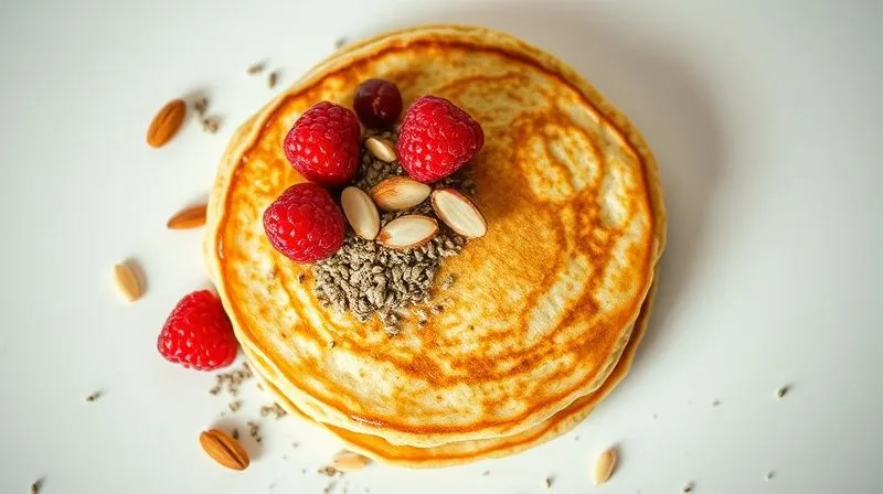 Photorealistic, professional photography, 8K, cinematic lighting, sharp focus, depth of field, shot on a high-end DSLR. An overhead shot of a single, perfectly golden oat pancake adorned with a vibrant array of superfood toppings: a sprinkle of chia seeds, a dusting of cinnamon, fresh raspberries, and a few slivered almonds. The background is a clean, minimalist kitchen table, emphasizing the healthy and appealing nature of the meal. The lighting is bright and natural, highlighting the textures.