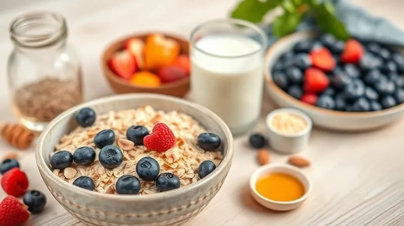 Photorealistic, professional photography, 8K, cinematic lighting, sharp focus, depth of field, shot on a high-end DSLR. A vibrant, colorful array of healthy breakfast ingredients: a bowl of raw oats, a glass of almond milk, fresh blueberries, raspberries, chopped almonds, chia seeds, a container of protein powder, and a small portion of honey or maple syrup. All arranged aesthetically on a light wooden table, conveying freshness and nutrition. Soft, natural morning light.