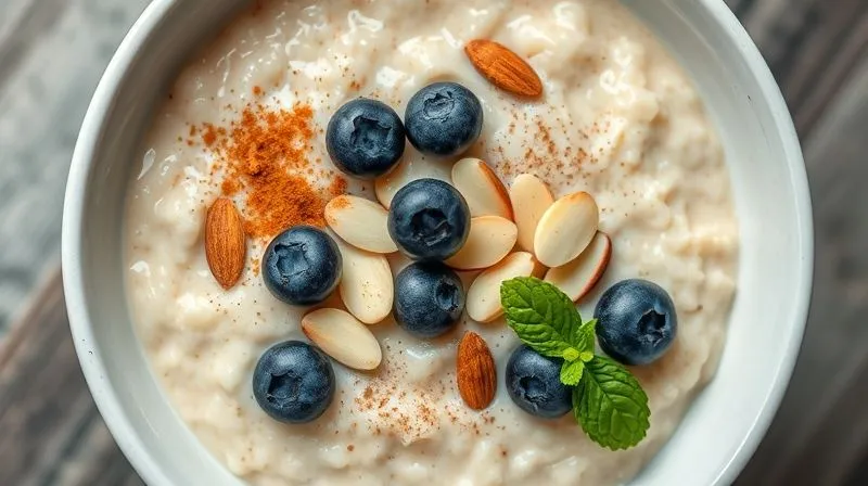 Photorealistic, professional photography, 8K, cinematic lighting, sharp focus, depth of field, shot on a high-end DSLR. A close-up, top-down view of a perfectly portioned, colorful sweet protein porridge bowl. The porridge is creamy, topped with a precise arrangement of fresh blueberries, sliced almonds, a sprinkle of cinnamon, and a few mint leaves. The presentation is elegant and highlights balanced nutrition. The background is softly blurred, focusing entirely on the delicious and healthy meal.