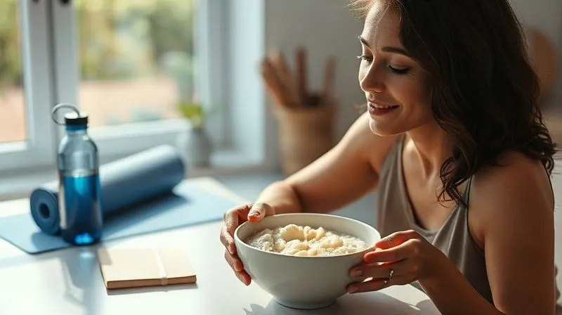 Photorealistic, professional photography, 8K, cinematic lighting, sharp focus, depth of field, shot on a high-end DSLR. A serene image of a person enjoying a bowl of sweet protein porridge at a sunlit kitchen table, looking relaxed and content. In the soft-focused background, there's a yoga mat, a water bottle, and a journal, subtly hinting at a holistic healthy lifestyle. The mood is peaceful and balanced.