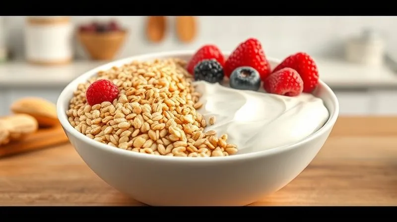 Photorealistic image of a balanced meal composition: a bowl divided into sections, one with cooked whole grain groats, another with natural Greek yogurt, and a third with fresh berries and nuts, illustrating the synergy of ingredients for weight loss. Bright, clean kitchen background, professional lighting, 8K, sharp focus.