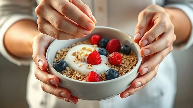 Photorealistic, professional photography of a person carefully assembling a bowl of groats and yogurt. Hands are adding fresh berries and a sprinkle of nuts. The scene is bright and airy, emphasizing a mindful and healthy approach to meal preparation. Cinematic lighting, sharp focus on the hands and bowl, depth of field, 8K.