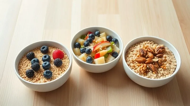 Photorealistic, professional photography of three distinct bowls of groats with yogurt, each representing one of the recipes: a sweet berry-millet bowl, a savory buckwheat-vegetable-yogurt bowl, and a warm oatmeal-apple-nut bowl. Arranged artfully on a light wooden table, cinematic lighting, sharp focus on the food, depth of field, 8K.