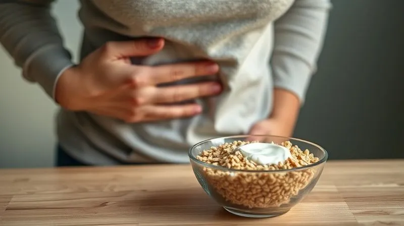 Photorealistic image of a person gently touching their stomach, looking thoughtfully at a bowl of healthy food (groats and yogurt) on a table. The scene conveys mindfulness, self-awareness, and listening to one's body. Soft, natural light, warm tones, depth of field, 8K, professional photography.