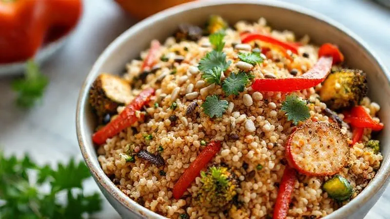 Photorealistic, professional photography, 8K, cinematic lighting, sharp focus, depth of field, shot on a high-end DSLR. A vibrant, colorful bowl of cooked quinoa mixed with a generous portion of roasted vegetables (broccoli florets, red bell pepper strips, zucchini slices) and a sprinkle of fresh parsley. A handful of pumpkin seeds and sunflower seeds are artfully scattered on top. The setting is bright and natural, suggesting health and freshness.