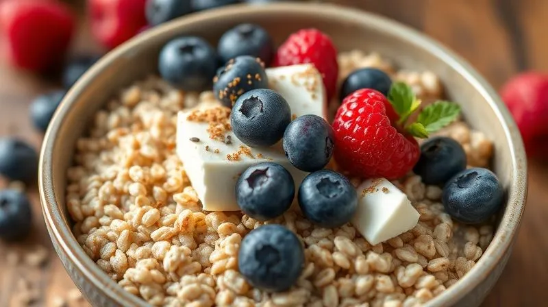 A vibrant, photorealistic bowl of buckwheat groats with cottage cheese, topped with fresh raspberries, blueberries, a sprinkle of chia seeds, and a dash of cinnamon. The image conveys health, deliciousness, and freshness. 8K, sharp focus, cinematic lighting, depth of field, shot on a high-end DSLR.