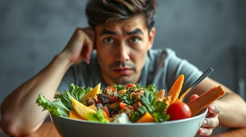 A professional, photorealistic image depicting a person looking confused at a bowl of seemingly healthy food, but with hidden sugary ingredients or excessive portions, emphasizing common diet mistakes. The lighting is slightly dim to convey a sense of struggle. 8K, sharp focus, depth of field, shot on a high-end DSLR.