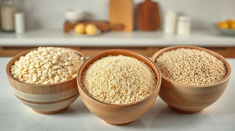 Photorealistic, professional photography of three distinct bowls of cooked grains: one with white buckwheat, one with quinoa, and one with pearl barley, each perfectly textured and separated, set against a clean, minimalist kitchen background. Soft, natural light highlights the different textures and colors of the kaszas. Sharp focus on the grains, with a subtle depth of field. 8K hyper-detailed, shot on a high-end DSLR.