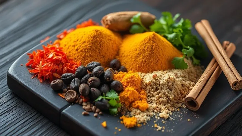 Photorealistic, professional photography of an assortment of colorful spices and fresh herbs beautifully arranged on a dark wooden board: vibrant red chili flakes, golden turmeric powder, green fresh cilantro, dark peppercorns, and fragrant cinnamon sticks. Cinematic lighting creates dramatic shadows and highlights, emphasizing texture and color. Sharp focus on the spices, with a shallow depth of field. 8K hyper-detailed, shot on a high-end DSLR.