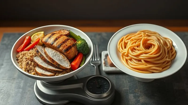 Photorealistic, professional photography of a balanced meal of quinoa, roasted vegetables, and grilled chicken breast, perfectly portioned on one side of a kitchen scale. On the other side, a plate with an excessively large portion of plain, overcooked pasta, symbolizing common dietary mistakes. Dramatic, contrasting lighting, sharp focus on both plates, depth of field blurring the background. 8K hyper-detailed, shot on a high-end DSLR.
