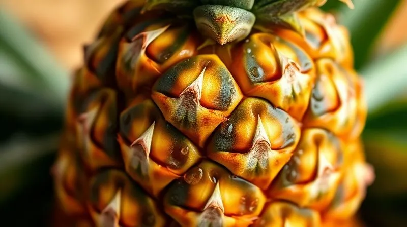 Photorealistic close-up of a fresh, ripe pineapple, with water droplets on its skin, showcasing its texture and vibrant color. Cinematic lighting, sharp focus, depth of field, 8K hyper-detailed.