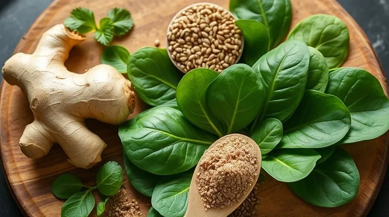 Photorealistic composition of various superfood ingredients for a smoothie: fresh ginger root, spinach leaves, chia seeds, and a scoop of protein powder, arranged artistically on a wooden board. Cinematic lighting, 8K, sharp focus.
