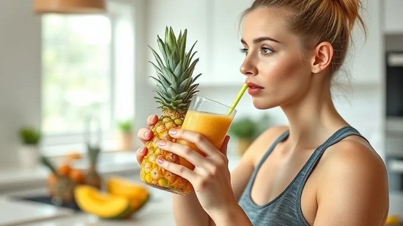 Photorealistic image of a person enjoying a fresh pineapple smoothie after a morning workout, in a bright, modern kitchen. Cinematic lighting, sharp focus on the smoothie and the person's healthy, active lifestyle.