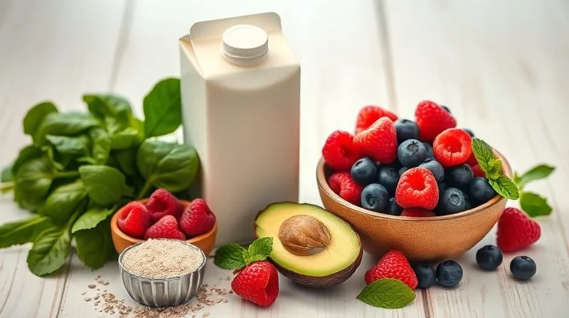 Photorealistic, professional photography, 8K, cinematic lighting, sharp focus, depth of field. A beautiful, artfully arranged collection of fresh, vibrant ingredients for a healthy coconut smoothie: a carton of light coconut milk, a bowl of mixed berries (raspberries, blueberries), a handful of fresh spinach, a scoop of vanilla protein powder, a small avocado, chia seeds, and a sprig of mint, all on a light wooden background, bathed in soft, natural light, emphasizing freshness and natural goodness.