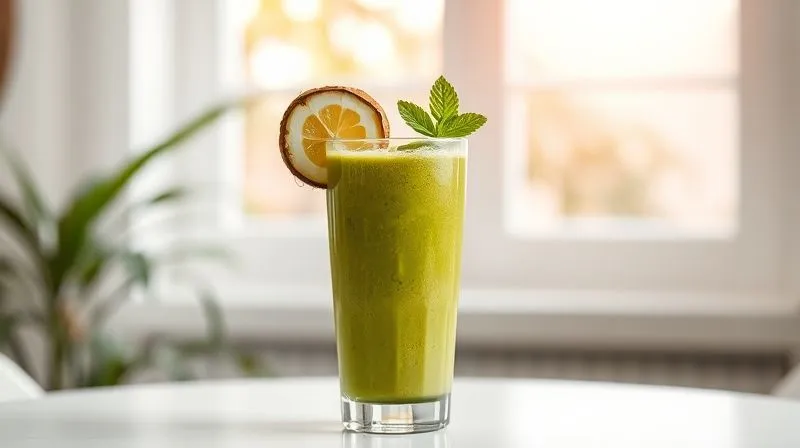 Photorealistic, professional photography, 8K, cinematic lighting, sharp focus, depth of field. A beautifully styled, vibrant green coconut smoothie in a tall, elegant glass, garnished with fresh mint leaves and a slice of star fruit, sitting on a minimalist white table. In the soft-focused background, a bright, sunlit window with a hint of tropical foliage. The image conveys health, freshness, and deliciousness, with a slight steam from the cold drink.