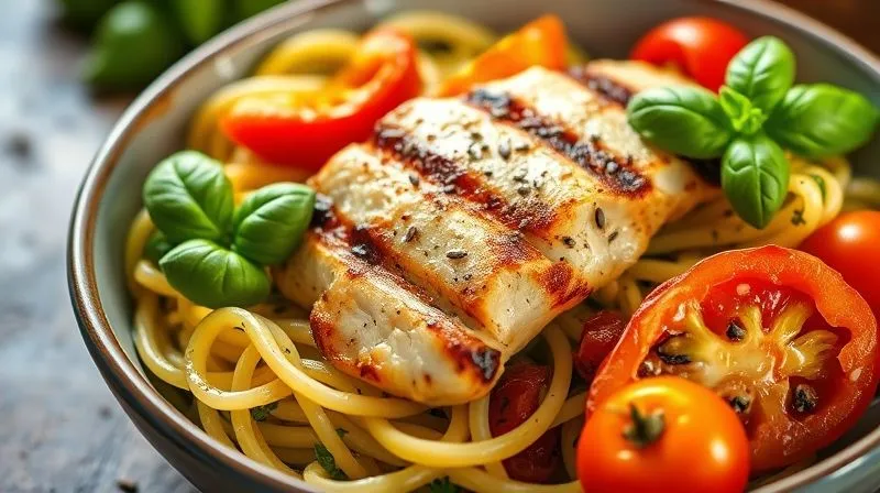photorealistic, professional photography, 8K, cinematic lighting, sharp focus, depth of field, shot on a high-end DSLR. A vibrant, healthy bowl of zucchini pasta with grilled chicken breast, colorful bell peppers, cherry tomatoes, and fresh basil, garnished with a sprinkle of chia seeds. The light is soft and inviting, highlighting the freshness of the ingredients.