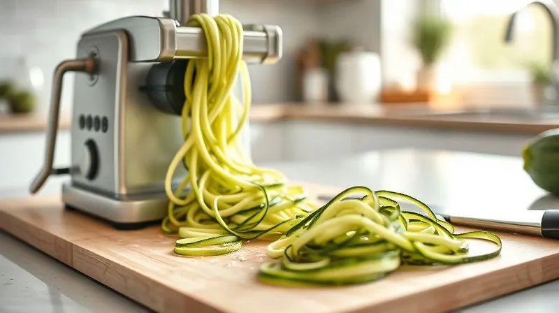 photorealistic, professional photography, 8K, cinematic lighting, sharp focus, depth of field, shot on a high-end DSLR. A close-up shot of a spiralizer creating perfect zucchini noodles, with some freshly spiralized zoodles already on a cutting board, lightly salted and waiting to be drained. The background is a clean, modern kitchen counter with soft, natural light.