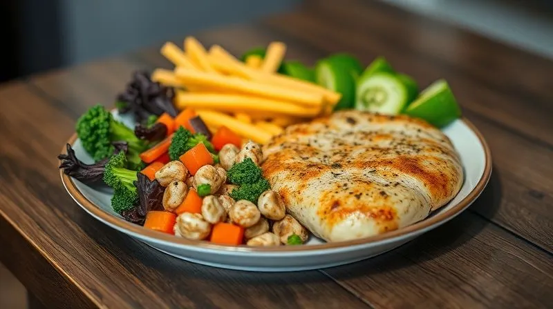 A photorealistic image of a balanced meal containing high-fiber vegetables, lean protein, and complex carbohydrates, arranged aesthetically on a plate, cinematic lighting, sharp focus on the food, depth of field blurring the background, 8K hyper-detailed.