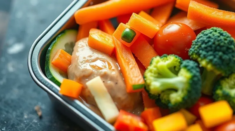 A photorealistic image of a colorful assortment of raw, fresh, crisp vegetables (carrot sticks, cucumber slices, bell pepper strips, cherry tomatoes, broccoli florets) neatly arranged in a bento-style lunchbox compartment, ready for dipping, cinematic lighting, sharp focus, depth of field, 8K hyper-detailed.