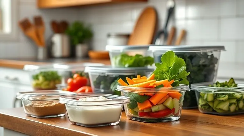 A photorealistic image of a neatly organized kitchen counter with various meal prep containers filled with healthy ingredients, including hummus and chopped vegetables, ready for the week, professional photography, 8K, cinematic lighting, sharp focus, depth of field.