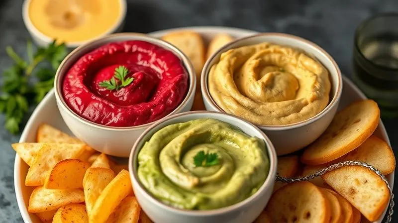 A photorealistic image of three distinct, vibrant hummus variations (e.g., red beet hummus, green avocado hummus, classic chickpea hummus) served in small, elegant bowls, garnished creatively, surrounded by various dipping options, professional photography, 8K, cinematic lighting, sharp focus, depth of field.