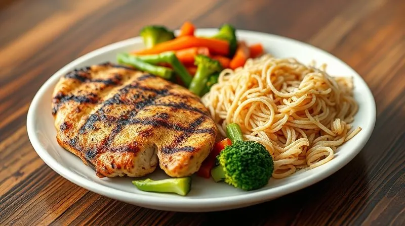 photorealistic, professional photography, 8K, cinematic lighting, sharp focus, depth of field, shot on a high-end DSLR, a perfectly balanced plate of food, divided into clear sections: one with lean protein (grilled chicken breast), another with a large portion of colorful steamed vegetables (broccoli, carrots, bell peppers), and a small portion of cooked rice noodles, all artfully arranged to emphasize health and nutrition.