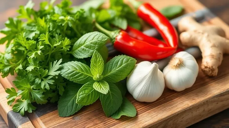 photorealistic, professional photography, 8K, cinematic lighting, sharp focus, depth of field, shot on a high-end DSLR, a vibrant array of fresh herbs and spices on a rustic wooden cutting board: bright green cilantro, mint leaves, red chili peppers, garlic cloves, and ginger root, all perfectly arranged to convey freshness and flavor without excess calories.
