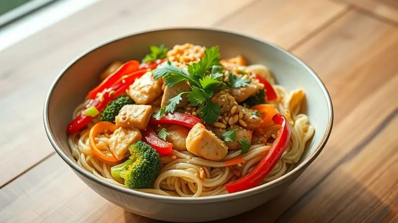 photorealistic, professional photography, 8K, cinematic lighting, sharp focus, depth of field, shot on a high-end DSLR, a vibrant and appetizing bowl of Asian-inspired rice noodles with stir-fried chicken, crisp broccoli, red bell peppers, and shredded carrots, garnished with fresh cilantro and a sprinkle of sesame seeds. The dish is presented on a minimalist wooden table, bathed in natural light, emphasizing freshness and health.