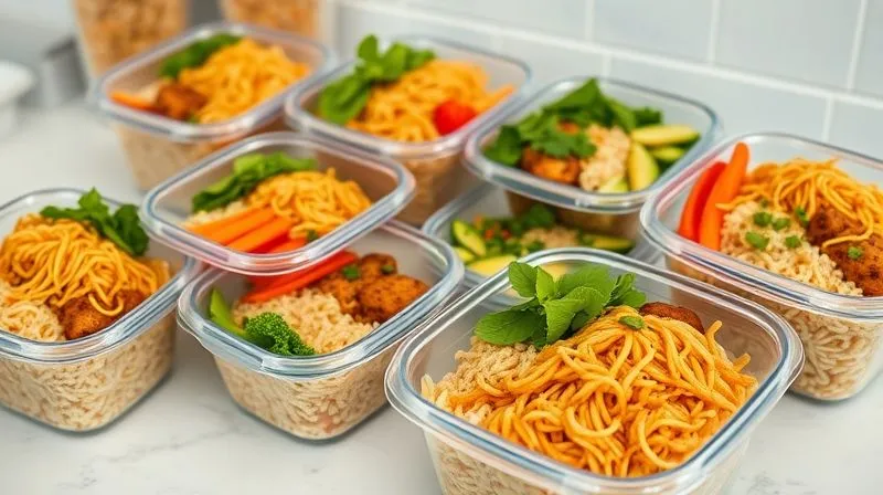 photorealistic, professional photography, 8K, cinematic lighting, sharp focus, depth of field, shot on a high-end DSLR, neatly organized meal prep containers filled with healthy, colorful rice noodle dishes, arranged on a clean kitchen counter. Each container clearly shows a balanced meal with rice noodles, lean protein, and abundant vegetables, conveying efficiency and healthy lifestyle planning.