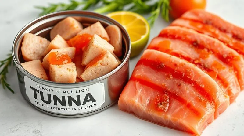 Photorealistic, professional photography, 8K, cinematic lighting, sharp focus, depth of field, shot on on a high-end DSLR. Two open cans of tuna: one with tuna in water, clearly labeled, and one with tuna in olive oil, both next to a fresh, vibrant tuna steak. The image should highlight the difference in appearance and texture, suggesting healthy choices. No text or logos.