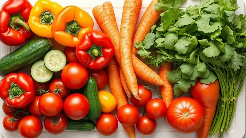 Photorealistic, professional photography, 8K, cinematic lighting, sharp focus, depth of field, shot on a high-end DSLR. A vibrant, colorful assortment of fresh, crisp vegetables artfully arranged on a white cutting board, including red and yellow bell peppers, cherry tomatoes, cucumbers, carrots, and a bunch of leafy greens like spinach and arugula. The scene should convey freshness and health. No text or logos.