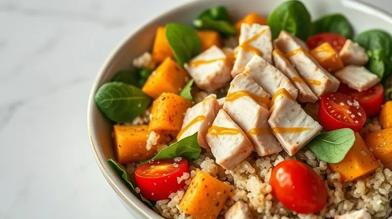 Photorealistic, professional photography, 8K, cinematic lighting, sharp focus, depth of field, shot on a high-end DSLR. A gourmet, vibrant tuna salad bowl on a light background, featuring perfectly cooked quinoa, roasted sweet potato cubes, fresh spinach, cherry tomatoes, and flaked tuna. The dressing is drizzled artistically, and the overall impression is one of a healthy, delicious, and professionally prepared meal. No text or logos.