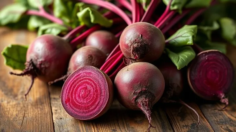 photorealistic, professional photography, 8K, cinematic lighting, sharp focus, depth of field, shot on a high-end DSLR, a close-up, vibrant and earthy image of several fresh, raw beetroots with their green leafy tops still attached, lying on a rustic wooden table. The lighting emphasizes their rich, deep purple color and natural textures, conveying freshness and health.