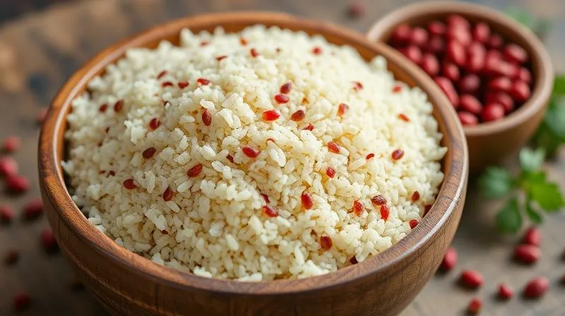photorealistic, professional photography, 8K, cinematic lighting, sharp focus, depth of field, shot on a high-end DSLR, a rustic wooden bowl filled with fluffy, perfectly cooked quinoa, next to a smaller bowl of vibrant red lentils. The scene is bathed in soft natural light, emphasizing the healthy, wholesome quality of the ingredients.