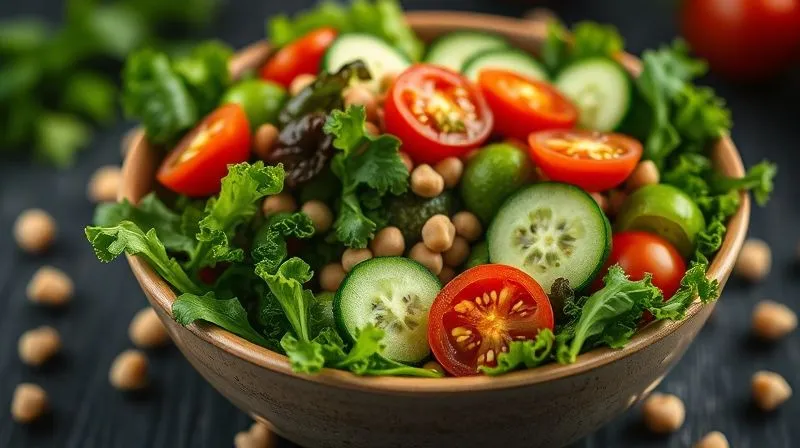 photorealistic, professional photography, 8K, cinematic lighting, sharp focus on a vibrant bowl of mixed greens, cherry tomatoes, and cucumber slices, with a scattering of chickpeas, depth of field, shot on a high-end DSLR, emphasizing freshness and health.