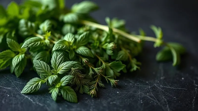 photorealistic, professional photography, 8K, cinematic lighting, sharp focus on a collection of fresh herbs like basil, oregano, and mint sprigs arranged artfully on a dark stone surface, with natural light falling on them, depth of field, shot on a high-end DSLR, emphasizing aromatic qualities.
