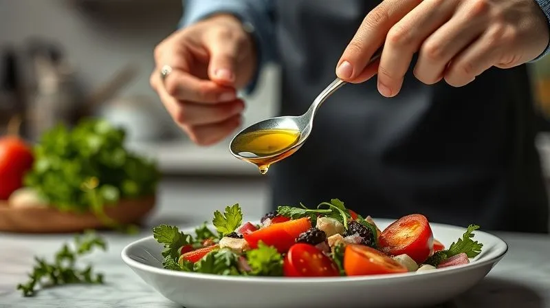 photorealistic, professional photography, 8K, cinematic lighting, sharp focus on a person carefully measuring olive oil into a spoon over a salad, with a clean, modern kitchen background, depth of field, shot on a high-end DSLR, emphasizing mindful portion control.