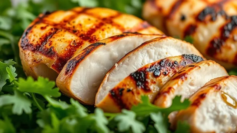 photorealistic, professional photography, 8K, cinematic lighting, sharp focus, depth of field, shot on a high-end DSLR, a perfectly grilled chicken breast, sliced and arranged on a bed of fresh arugula, with a few drops of olive oil glistening on its surface. The chicken is golden brown with grill marks, looking juicy and tender, emphasizing a healthy protein source.