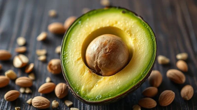 photorealistic, professional photography, 8K, cinematic lighting, sharp focus, depth of field, shot on a high-end DSLR, A half-cut ripe avocado with its vibrant green flesh and large pit, surrounded by a scattering of walnuts, almonds, and pumpkin seeds on a dark wooden surface. The scene highlights healthy fats and natural textures.