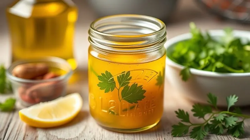 photorealistic, professional photography, 8K, cinematic lighting, sharp focus, depth of field, shot on a high-end DSLR, A small glass jar filled with a vibrant, golden homemade salad dressing, with fresh herbs like parsley and a slice of lemon visible. The background shows a bottle of olive oil and a bowl of fresh spices, emphasizing natural ingredients.