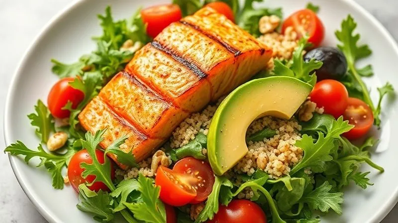photorealistic, professional photography, 8K, cinematic lighting, sharp focus, depth of field, shot on a high-end DSLR, A beautifully composed, vibrant arugula salad with grilled salmon, avocado slices, cherry tomatoes, quinoa, and a sprinkle of nuts, presented on a minimalist white plate. The lighting is bright and natural, highlighting the freshness and texture of each ingredient, symbolizing a complete and satisfying healthy meal.