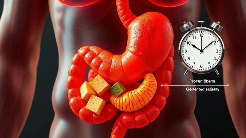 A highly detailed, photorealistic infographic showing a human stomach with different food types (protein, fiber, fat) being digested, illustrating how they contribute to satiety over time, with a clock subtly indicating 4 hours. Professional photography, 8K, cinematic lighting, sharp focus, depth of field.