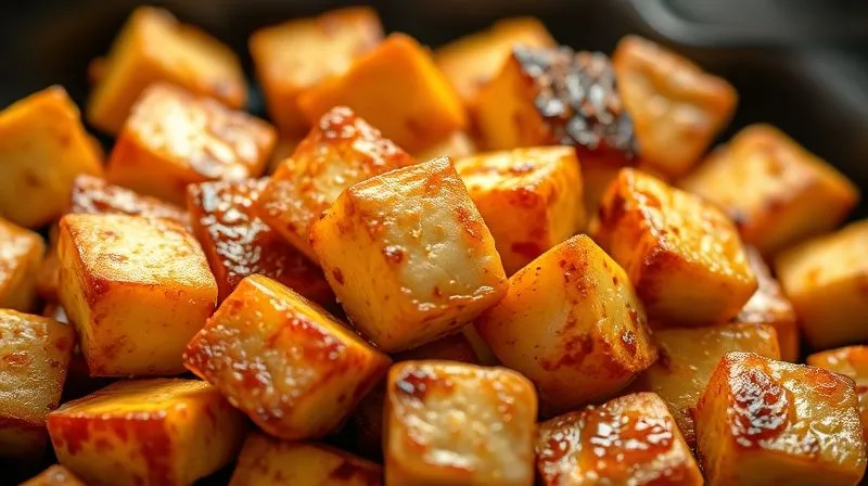 A close-up, photorealistic image of perfectly pan-fried golden-brown tofu cubes, slightly crispy on the outside, tender on the inside, glistening with a light marinade, ready to be added to a salad. Professional photography, 8K, cinematic lighting, sharp focus, depth of field.