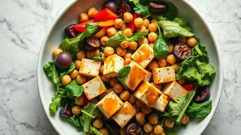 A top-down, photorealistic view of a meticulously composed, colorful, and hearty tofu salad in a large, elegant bowl, showcasing layers of fresh greens, roasted vegetables, chickpeas, perfectly cooked tofu, and a drizzle of healthy dressing. Professional photography, 8K, cinematic lighting, sharp focus, depth of field.